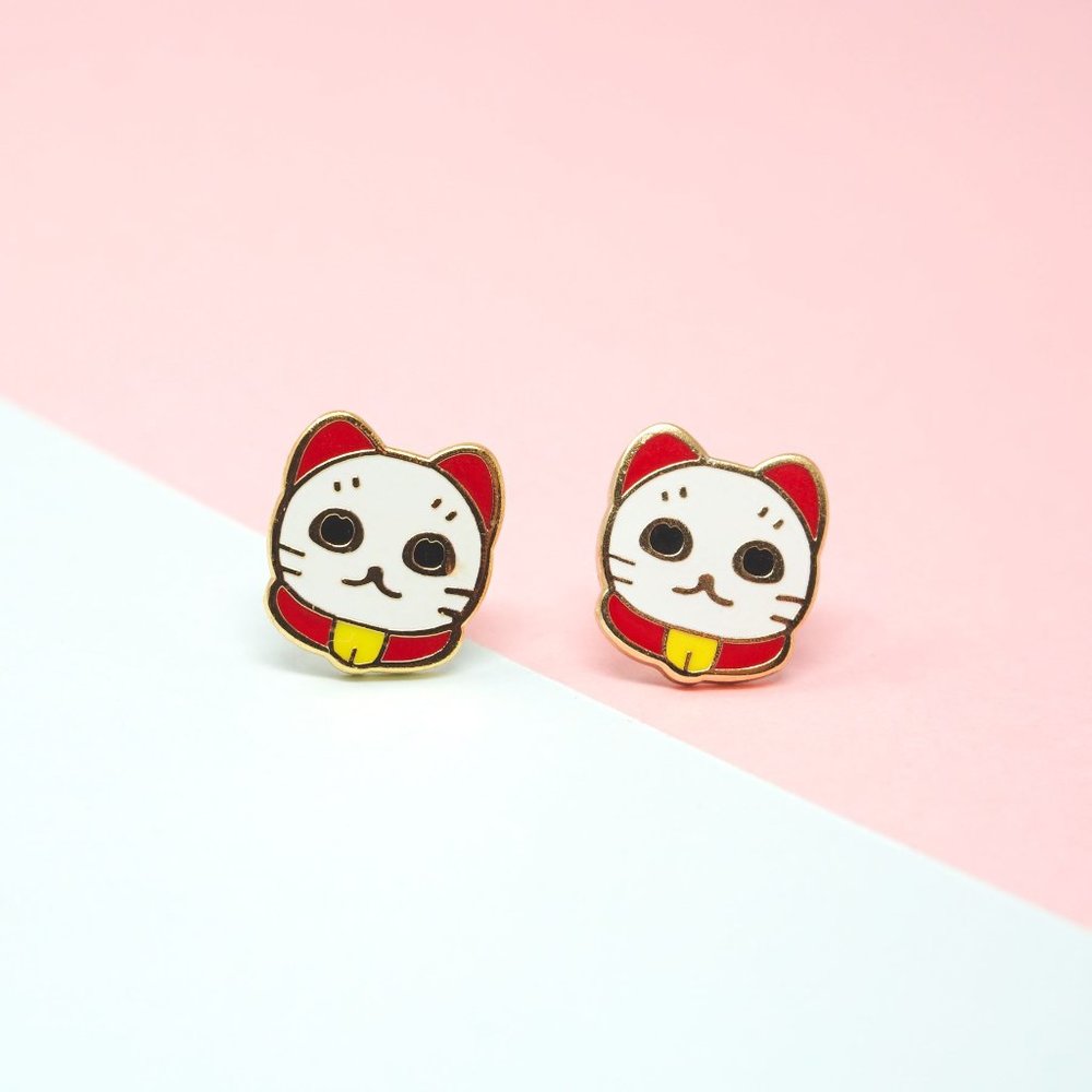 Handcrafted Manekineko Enamel Stud Earrings